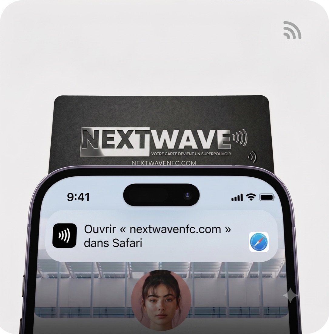 Carte NextWave approchée d'un téléphone : notification pour ouvrir le profil