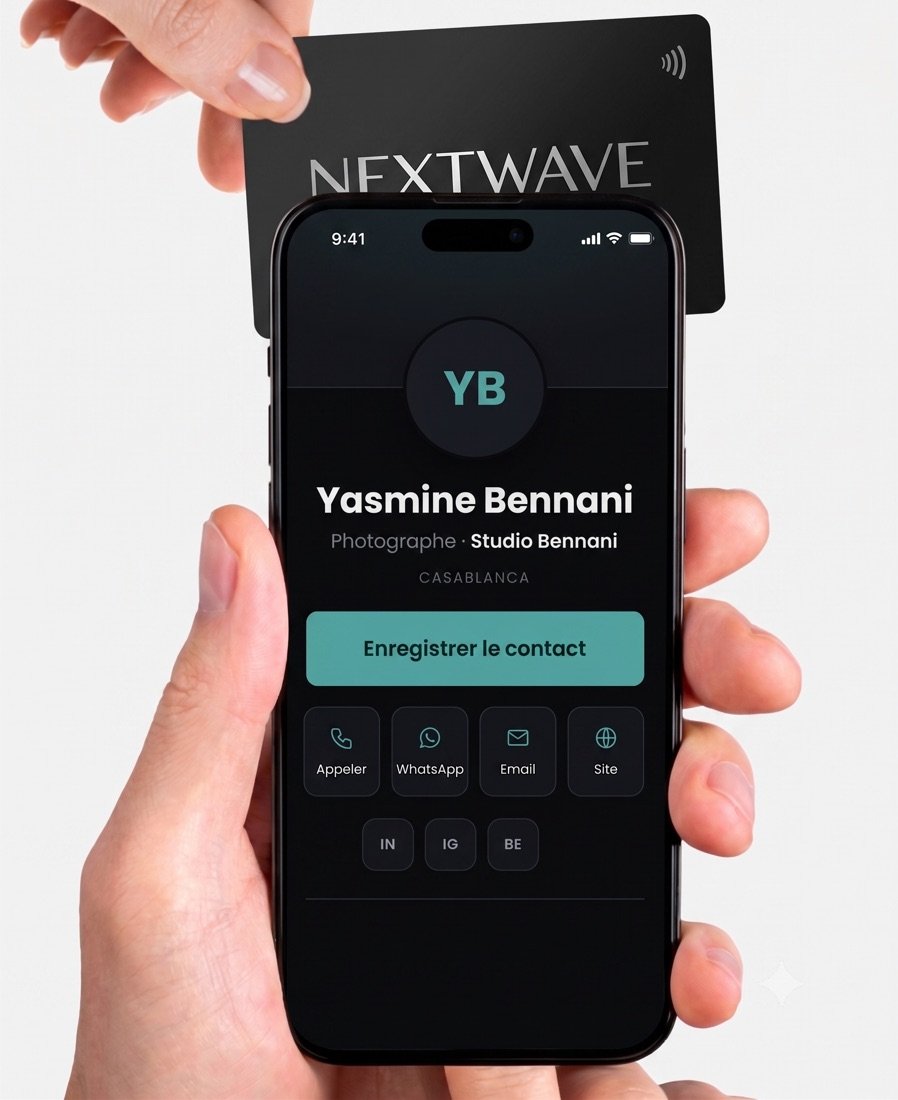 Profil digital NextWave affiché sur un téléphone après le tap
